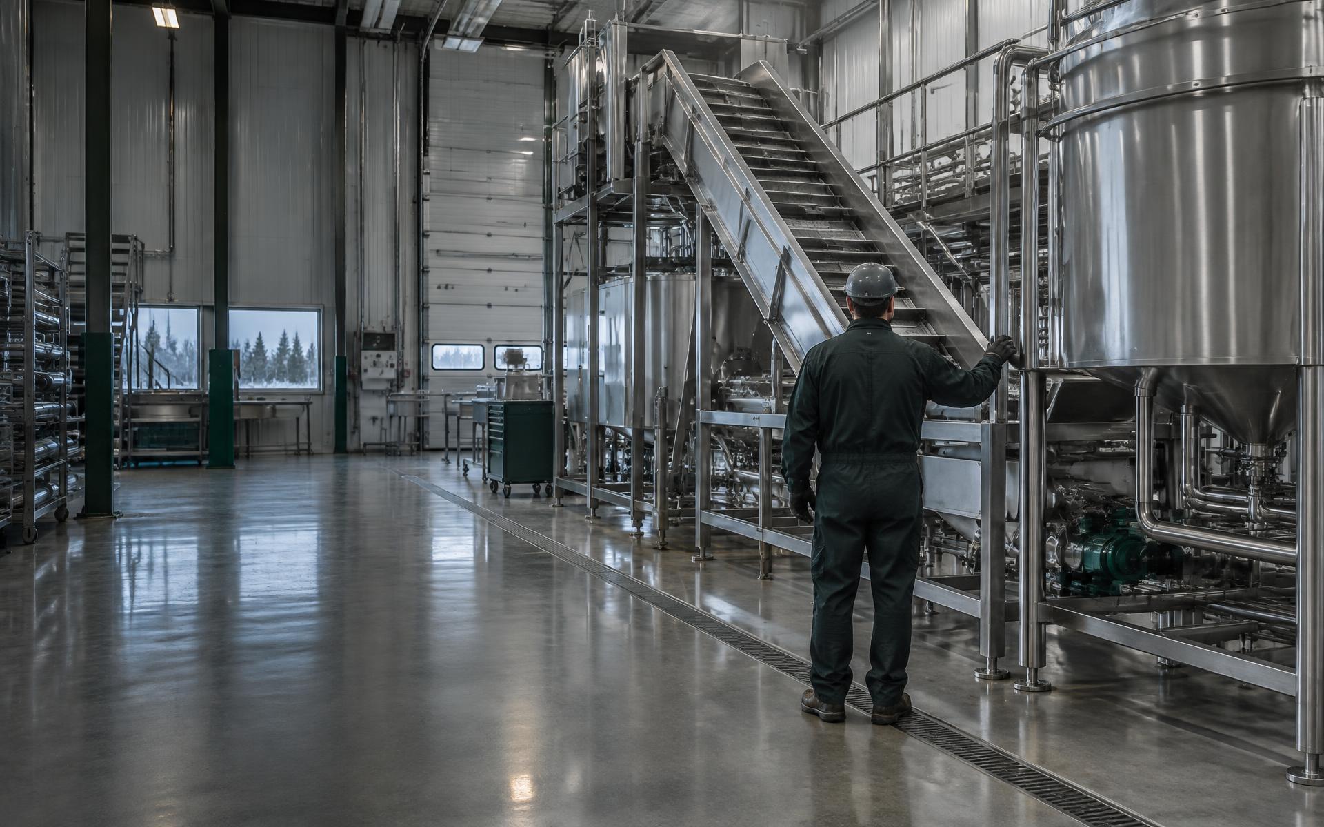 Stainless steel food processing equipment inside a fabrication facility